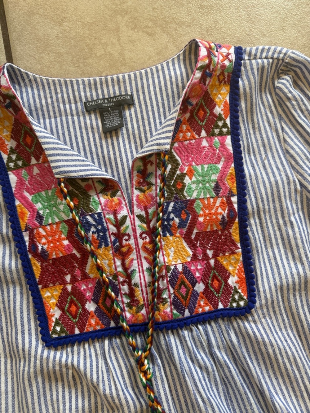 Striped Embroidered Boho Tunic Dress with Pom Tassels - Blue & Multicolor - Picture 4 of 8